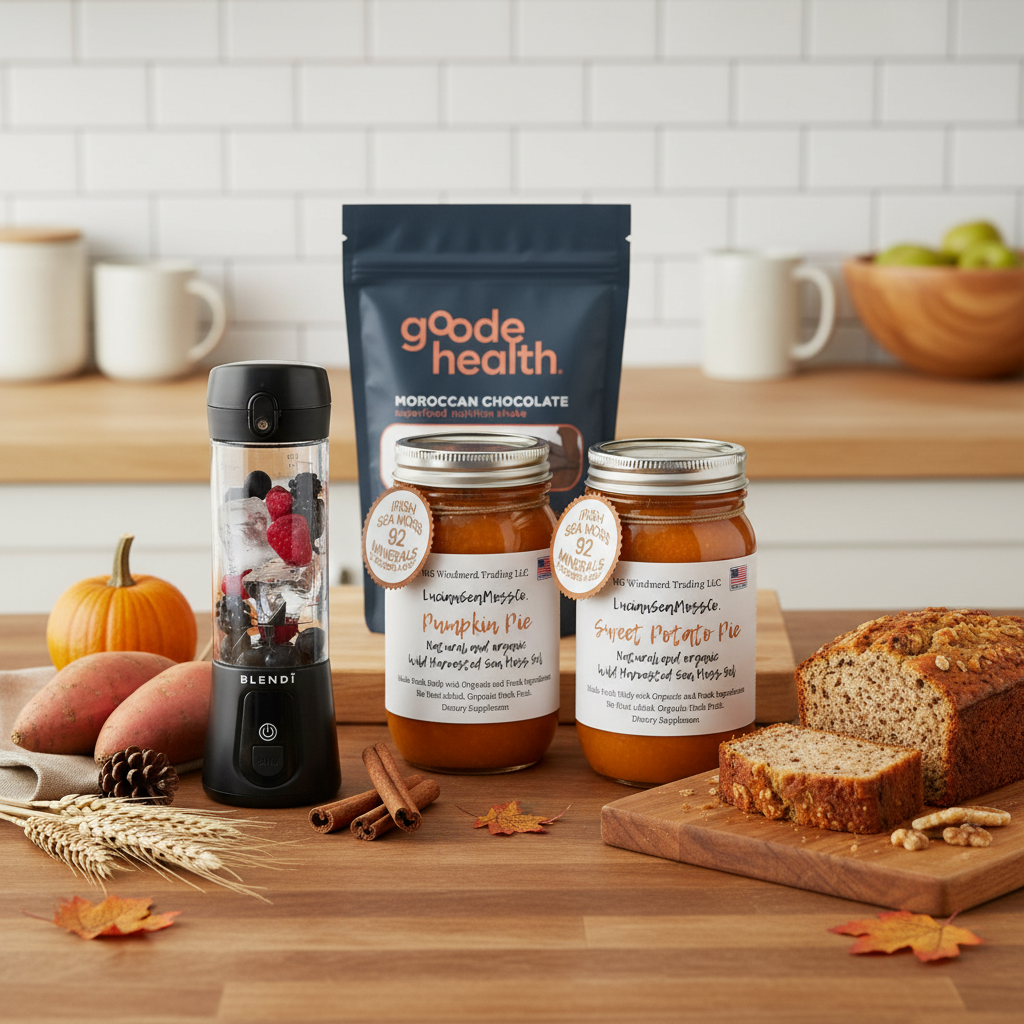 Organic Harvest Bakery Sea Moss Gel Bundle with Goode Health Moroccan Chocolate Superfood Shake and BLENDi Pro+ Portable Blender on an autumn kitchen counter — Pumpkin Pie Sweet Potato Pie Banana Bread Sea Moss Gel — Daily Health & Beauty