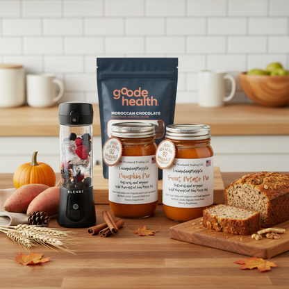 Organic Harvest Bakery Sea Moss Gel Bundle with Goode Health Moroccan Chocolate Superfood Shake and BLENDi Pro+ Portable Blender on an autumn kitchen counter — Pumpkin Pie Sweet Potato Pie Banana Bread Sea Moss Gel — Daily Health & Beauty