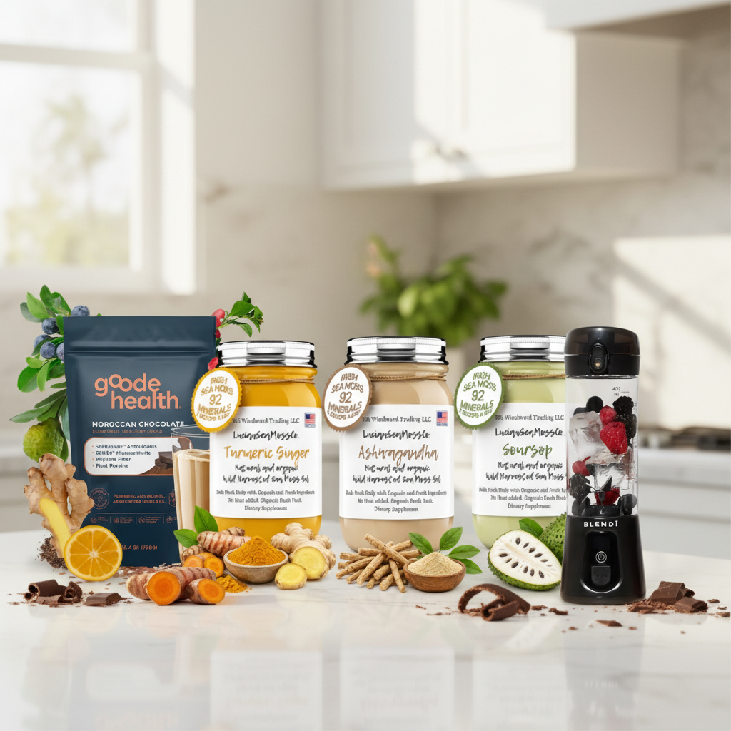Organic Wellness Warrior Sea Moss Gel Bundle Turmeric Ginger Ashwagandha Soursop with Goode Health Moroccan Chocolate Superfood Shake and BLENDi Pro+ Ice Crushing Portable Blender on a kitchen counter — Daily Health & Beauty