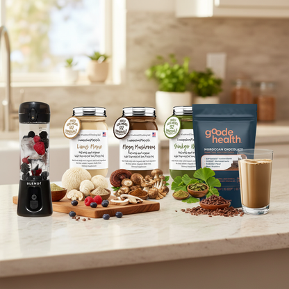 Organic Mind Body & Energy Sea Moss Gel Bundle with Goode Health Superfood Shake and BLENDi Pro+ Portable Blender on a kitchen counter — Lion's Mane Mega Mushroom Ginkgo Biloba — Daily Health & Beauty