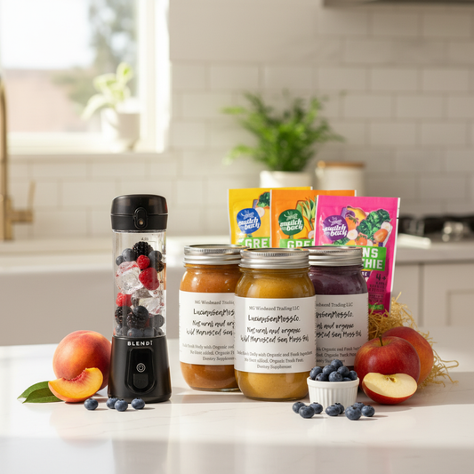 Making a fruit infused sea moss greens smoothie on a kitchen counter with Country Fields Sea Moss Gel Bundle Switchback Greens Smoothie Pack and BLENDi Pro+ Portable Blender — Daily Health & Beauty
