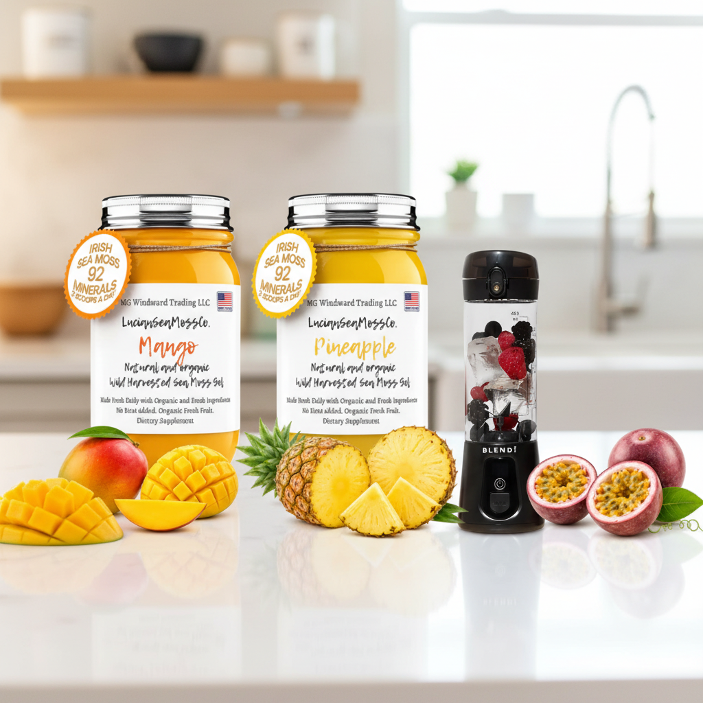 Organic Tropical Paradise Sea Moss Gel Bundle Mango Pineapple Passion Fruit with BLENDi Pro+ Ice Crushing Portable Blender on a kitchen counter — Daily Health & Beauty