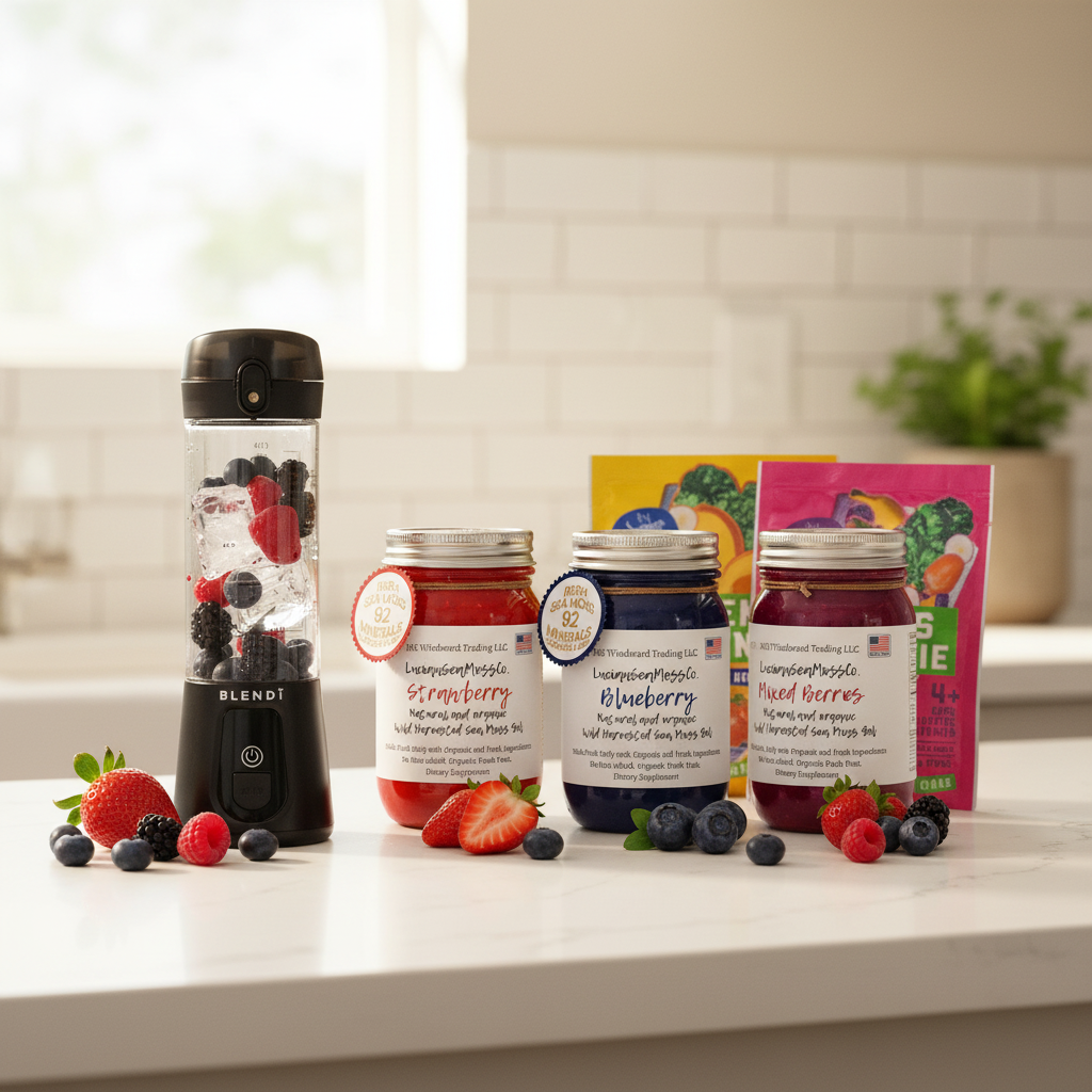 Organic Berry Lovers Sea Moss Gel Bundle Strawberry Blueberry Mixed Berries with Switchback Greens Smoothie Variety Pack and BLENDi Pro+ Ice Crushing Portable Blender on a kitchen counter — Daily Health & Beauty