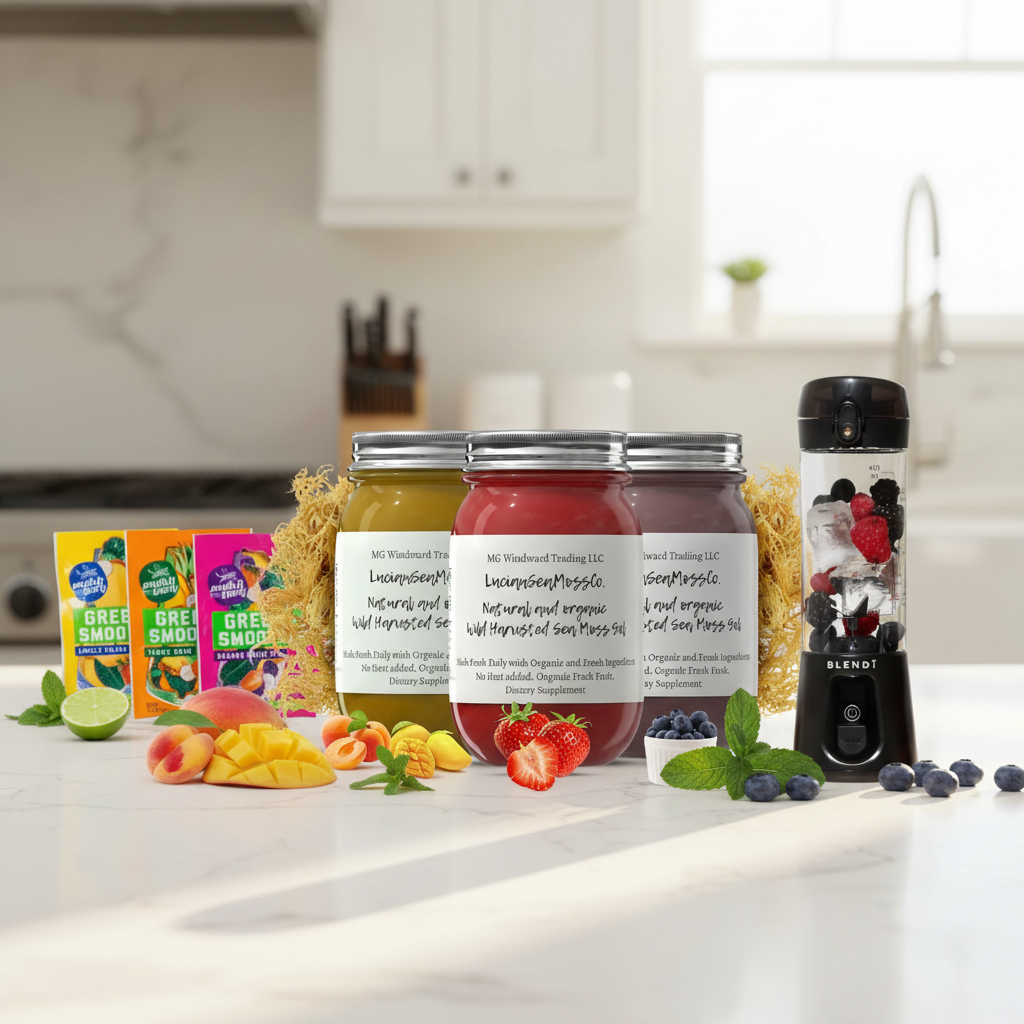 Organic Fruit Infused Mojito Blast Sea Moss Gel Bundle with BLENDi Pro+ Ice Crushing Portable Blender and Switchback Foods Greens Smoothie Variety Pack on a kitchen counter — Daily Health & Beauty