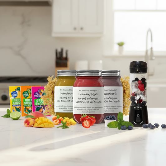 Organic Fruit Infused Mojito Blast Sea Moss Gel Bundle with BLENDi Pro+ Ice Crushing Portable Blender and Switchback Foods Greens Smoothie Variety Pack on a kitchen counter — Daily Health & Beauty