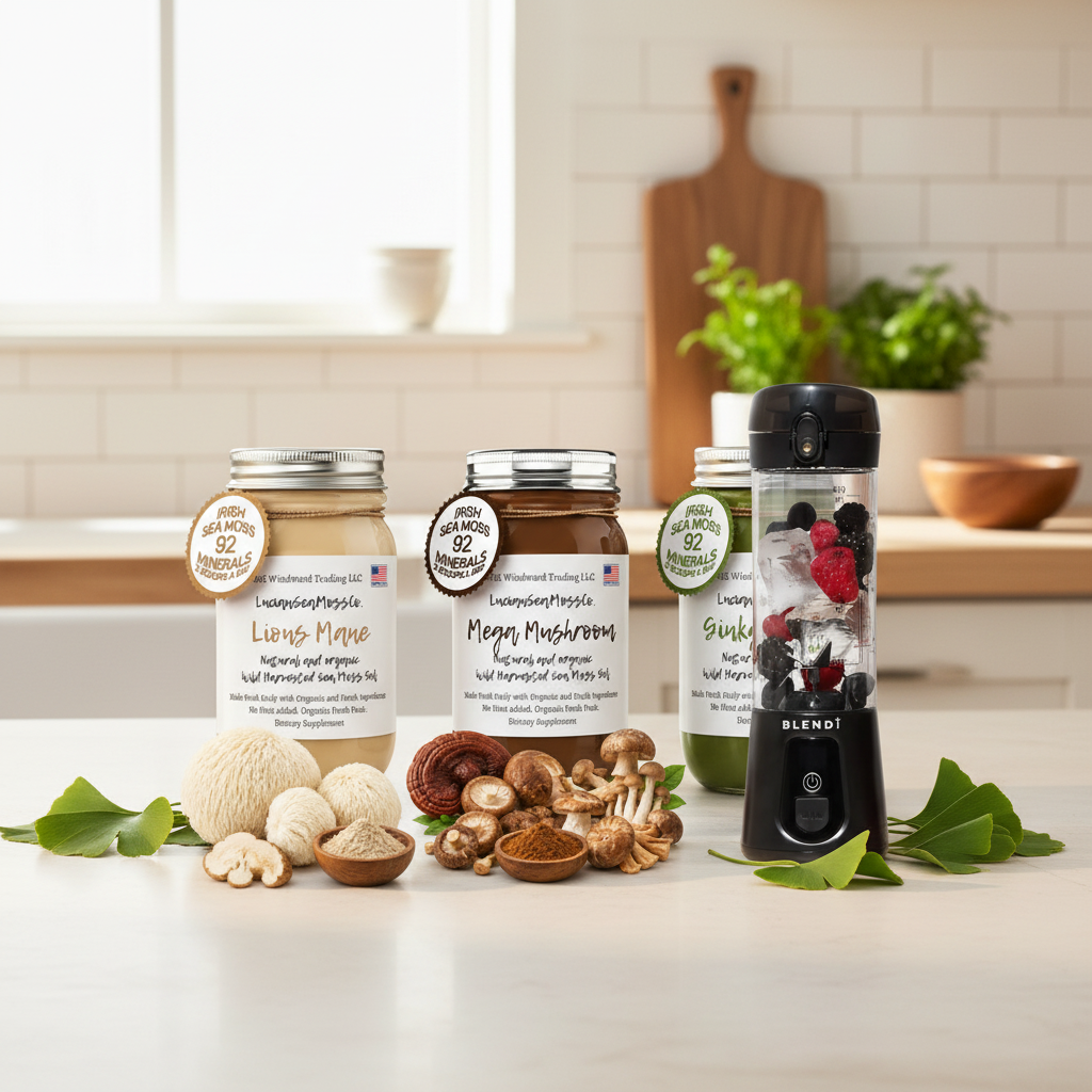 Organic Mind Body & Energy Sea Moss Gel Bundle — Lion's Mane, Mega Mushroom, and Ginkgo Biloba jars with BLENDi Pro+ Portable Blender on a kitchen counter — Daily Health & Beauty