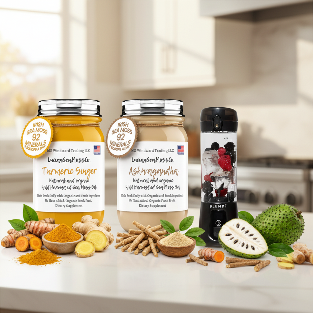 Organic Wellness Warrior Sea Moss Gel Bundle Turmeric Ginger Ashwagandha Soursop with BLENDi Pro+ Ice Crushing Portable Blender on a kitchen counter — Daily Health & Beauty