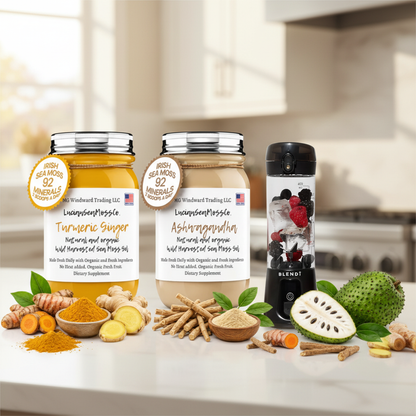 Organic Wellness Warrior Sea Moss Gel Bundle Turmeric Ginger Ashwagandha Soursop with BLENDi Pro+ Ice Crushing Portable Blender on a kitchen counter — Daily Health & Beauty