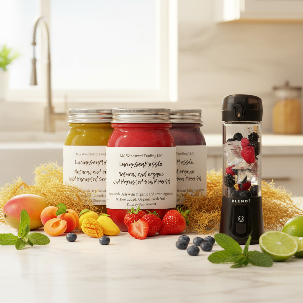 Organic Fruit Infused Mojito Blast Sea Moss Gel Bundle with BLENDi Pro+ Ice Crushing Portable Blender on a kitchen counter — Daily Health & Beauty
