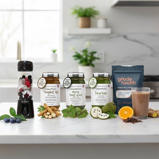 Men's Stamina Stack Bundle on kitchen countertop — Tongkat Ali, Horny Goat Weed & Soursop supplements, BLENDi Pro+ Blender, and Goode Health Superfood Shake — Complete men's wellness stack — Daily Health & Beauty