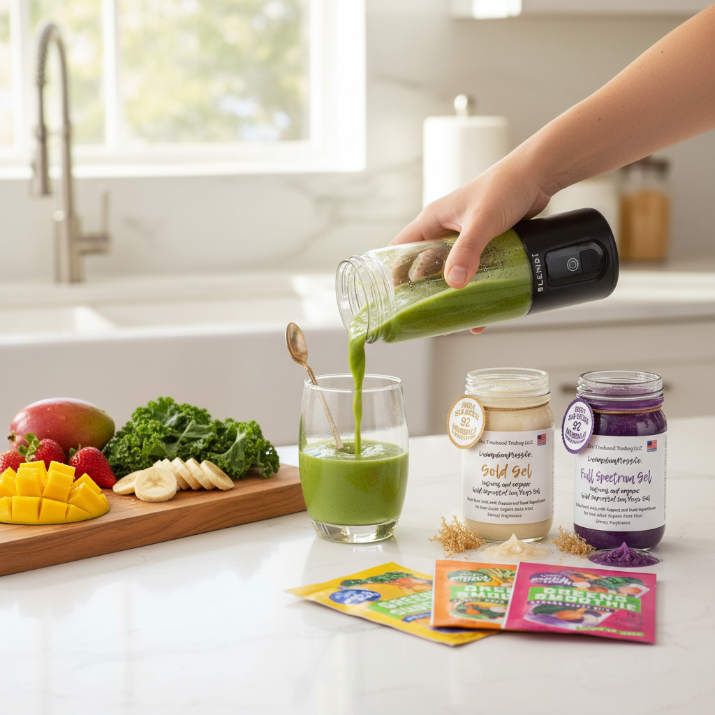 Making a sea moss greens smoothie on a kitchen counter with Switchback Foods Greens Smoothie pack, Organic Pure Sea Moss Gel Bundle, and BLENDi Pro+ Portable Blender — Daily Health & Beauty