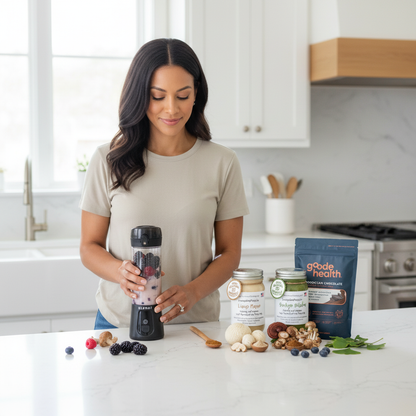 Making a sea moss superfood smoothie with Lion's Mane Mega Mushroom Ginkgo Biloba Sea Moss Gel Goode Health Shake and BLENDi Pro+ Portable Blender on a kitchen counter — Daily Health & Beauty