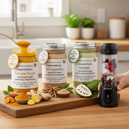Making a wellness sea moss smoothie on a kitchen counter with Organic Wellness Warrior Sea Moss Gel Bundle and BLENDi Pro+ Portable Blender — Daily Health & Beauty