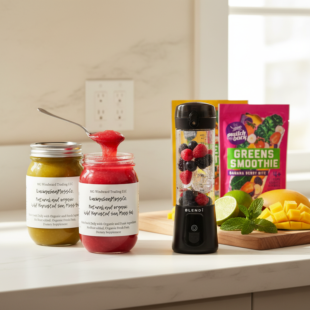 Making a mojito-inspired sea moss greens smoothie on a kitchen counter with Organic Fruit Infused Mojito Blast Sea Moss Gel Bundle Switchback Greens Smoothie Pack and BLENDi Pro+ Portable Blender — Daily Health & Beauty