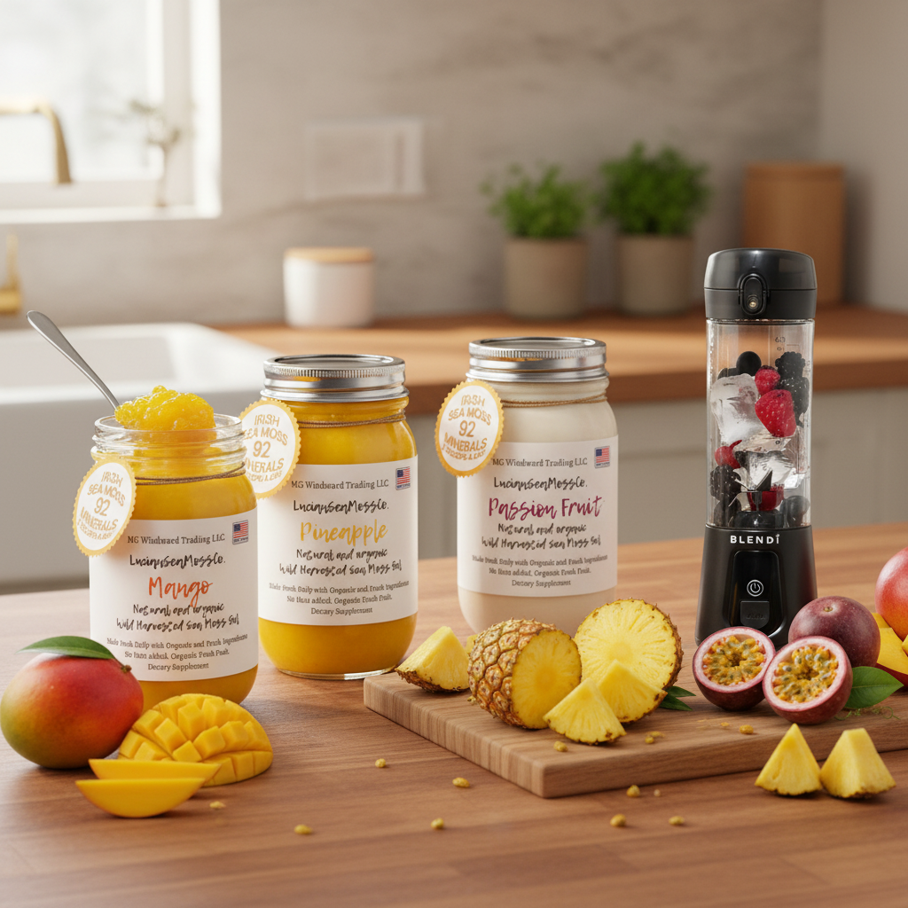  Organic Tropical Paradise Sea Moss Gel Bundle Mango Pineapple Passion Fruit with BLENDi Pro+ Ice Crushing Portable Blender on a picnic table outdoors — Daily Health & Beauty