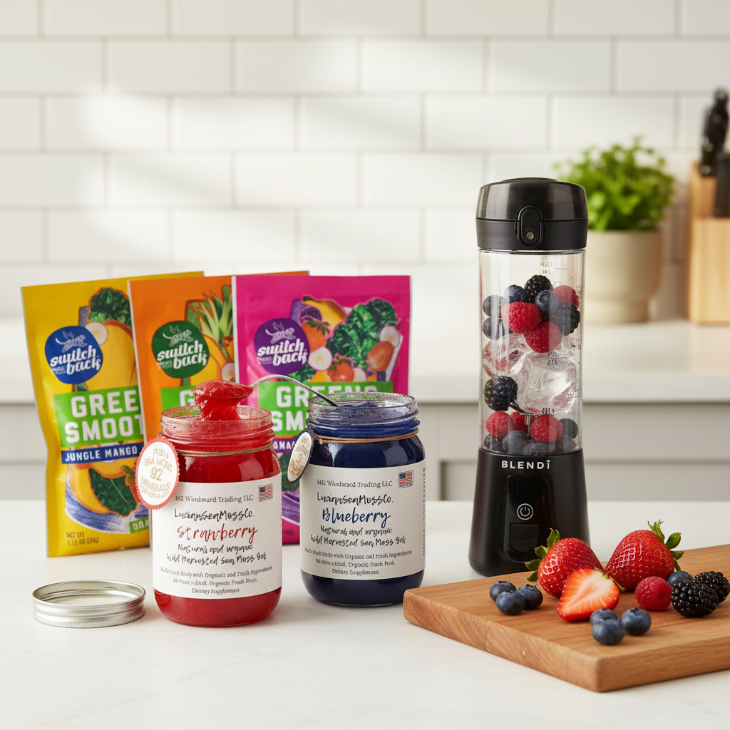 Making a berry sea moss greens smoothie on a kitchen counter with Organic Berry Lovers Sea Moss Gel Bundle Switchback Greens Smoothie Pack and BLENDi Pro+ Portable Blender — Daily Health & Beauty