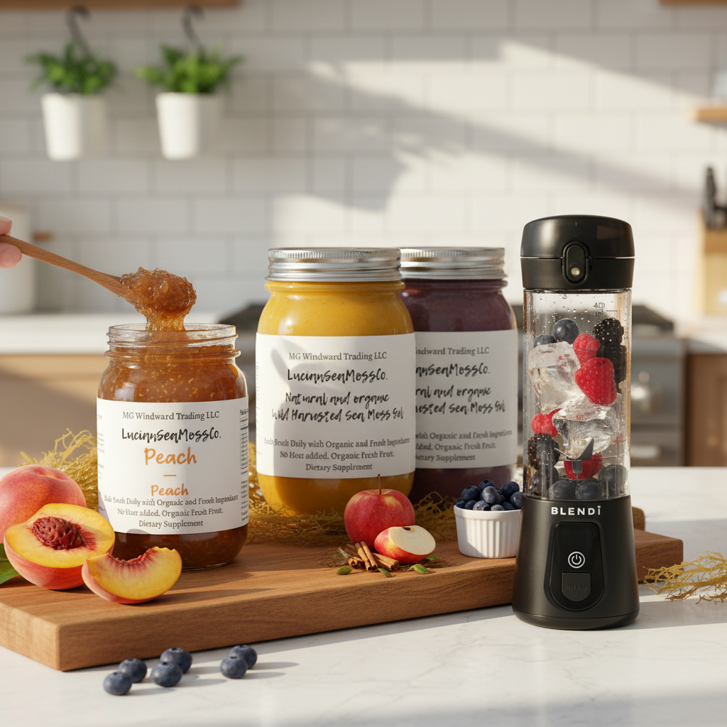 Making a fruit infused sea moss smoothie on a kitchen counter with Apple Cinnamon Peach Blueberry Sea Moss Gel and BLENDi Pro+ Portable Blender — Daily Health & Beauty
