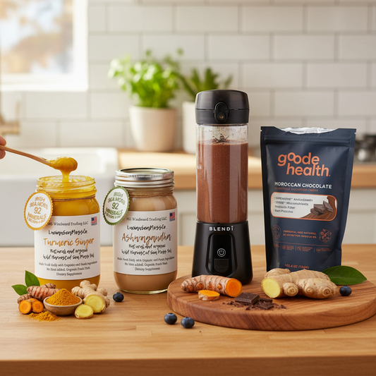 Making a wellness warrior sea moss superfood smoothie with Goode Health Moroccan Chocolate Shake Organic Wellness Warrior Sea Moss Gel Bundle and BLENDi Pro+ Portable Blender — Daily Health & Beauty