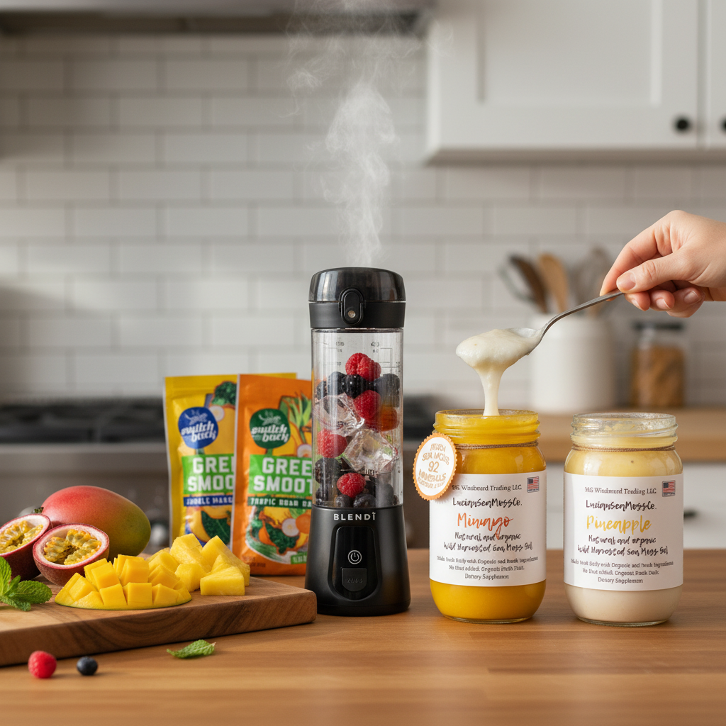 Making a tropical sea moss greens smoothie on a kitchen counter with Organic Tropical Paradise Sea Moss Gel Bundle Switchback Greens Smoothie Pack and BLENDi Pro+ Portable Blender — Daily Health & Beauty