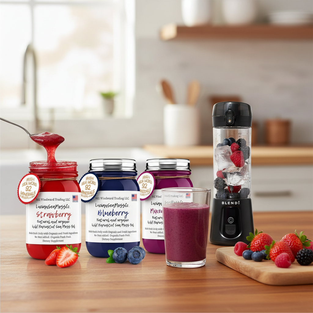 Making a berry sea moss smoothie on a kitchen counter with Organic Berry Lovers Sea Moss Gel Bundle and BLENDi Pro+ Ice Crushing Portable Blender — Daily Health & Beauty