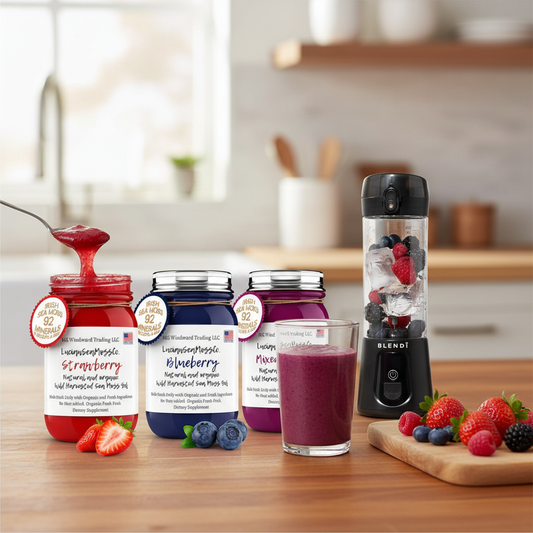 Making a berry sea moss smoothie on a kitchen counter with Organic Berry Lovers Sea Moss Gel Bundle and BLENDi Pro+ Ice Crushing Portable Blender — Daily Health & Beauty