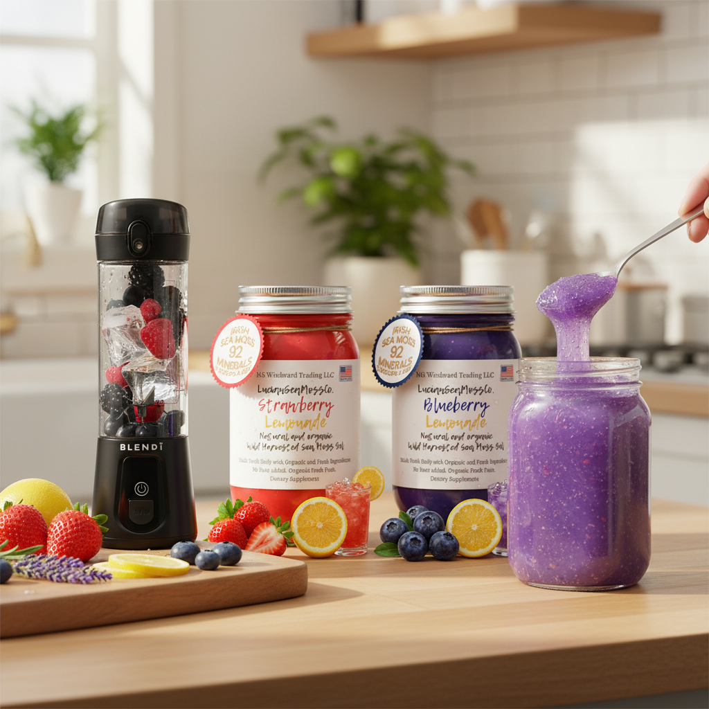 Making a lemonade sea moss smoothie on a kitchen counter with Organic Sunshine Lemonade Sea Moss Gel Bundle and BLENDi Pro+ Portable Blender — Daily Health & Beauty