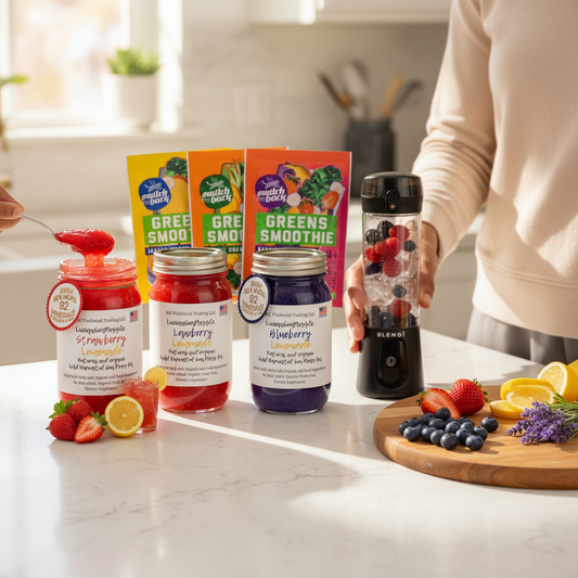 Making a lemonade sea moss greens smoothie on a kitchen counter with Organic Sunshine Lemonade Sea Moss Gel Bundle Switchback Greens Smoothie Pack and BLENDi Pro+ Portable Blender — Daily Health & Beauty