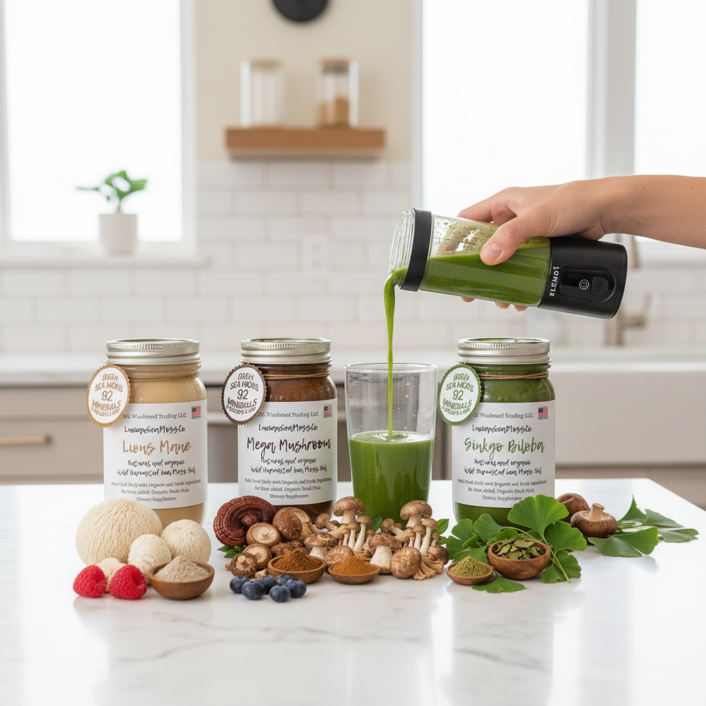 Making a sea moss smoothie with Lion's Mane Mega Mushroom and Ginkgo Biloba Sea Moss Gel and BLENDi Pro+ Portable Blender on a kitchen counter — Daily Health & Beauty