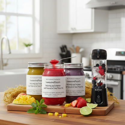 Making a mojito-inspired sea moss smoothie on a kitchen counter with Organic Fruit Infused Mojito Blast Sea Moss Gel Bundle and BLENDi Pro+ Portable Blender — Daily Health & Beauty