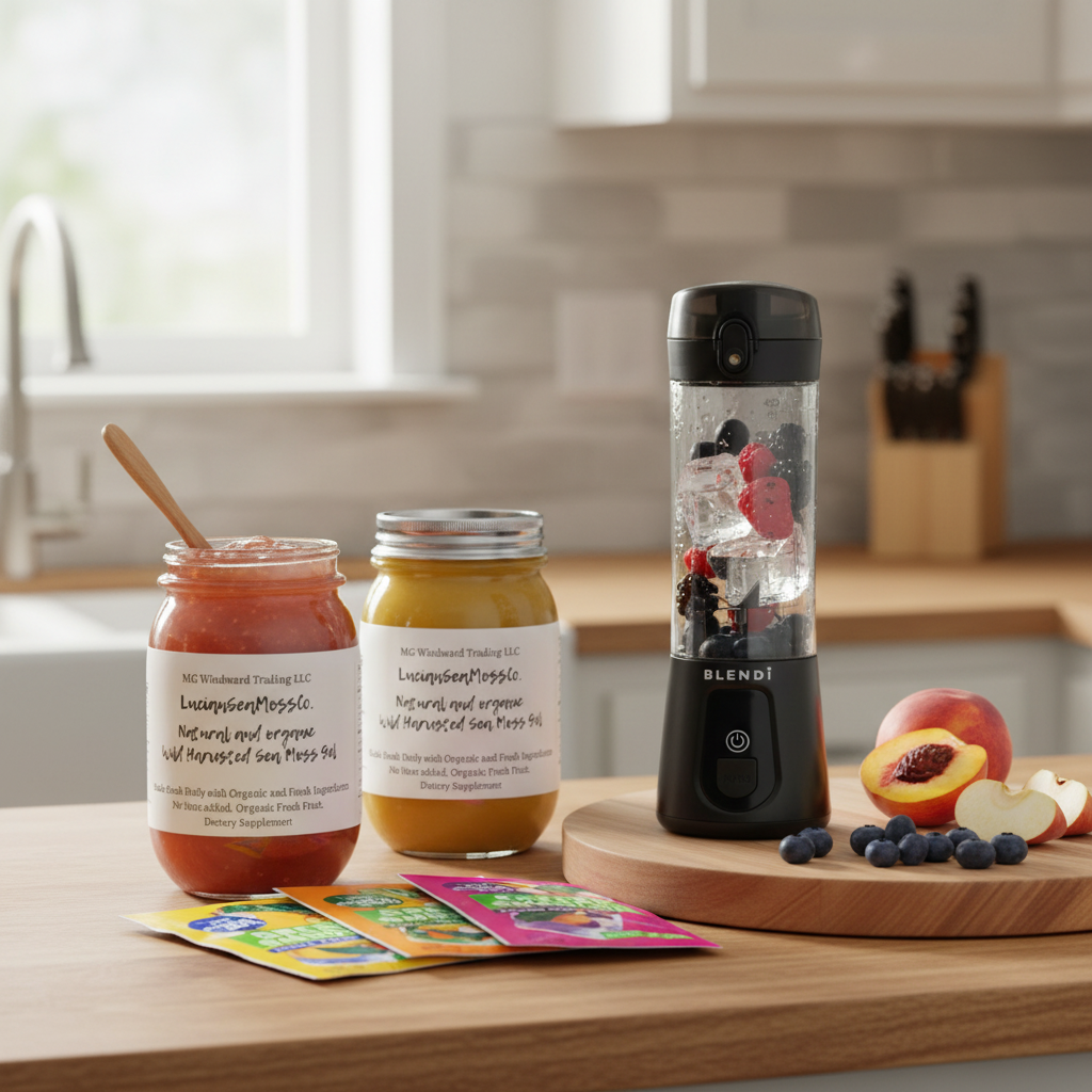 Fruit Infused Country Fields Sea Moss Gel Bundle Apple Cinnamon Peach Blueberry with Switchback Greens Smoothie Variety Pack and BLENDi Pro+ Portable Blender on a kitchen counter — Daily Health & Beauty