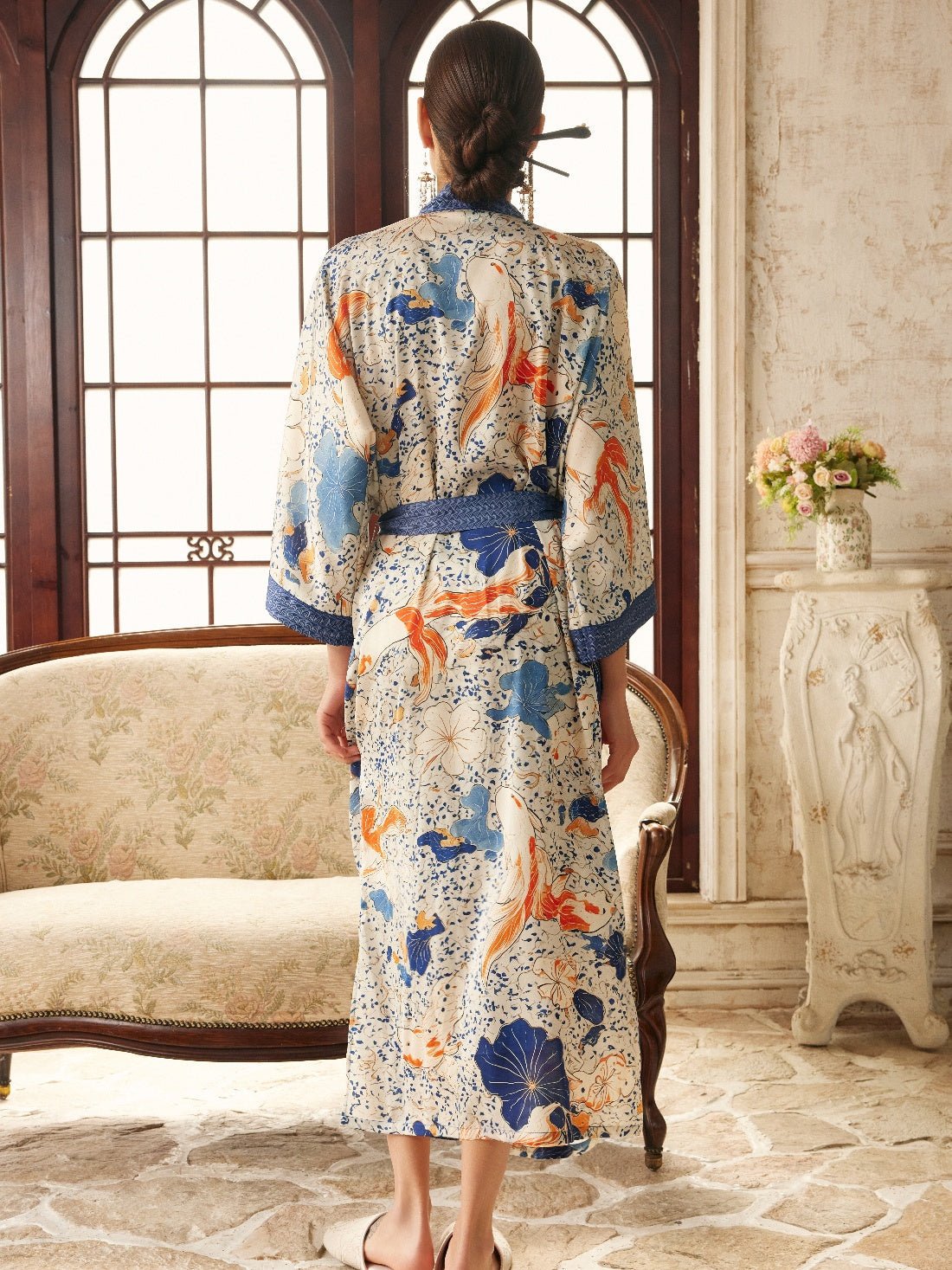 Koi & Lotus Dreamscape Kimono Robe with Elegant Pockets | Daily Health & Beauty