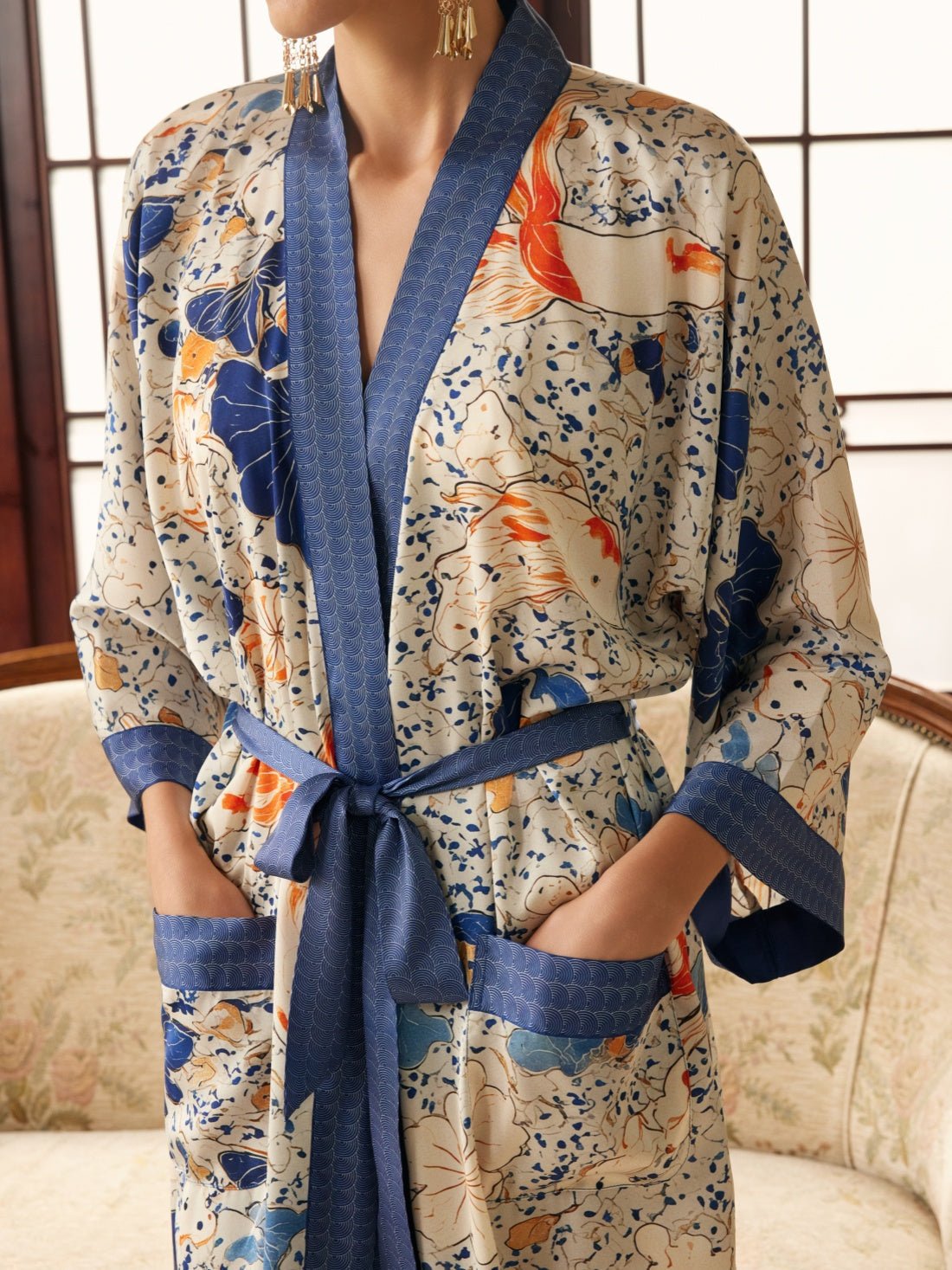 Koi & Lotus Dreamscape Kimono Robe with Elegant Pockets | Daily Health & Beauty