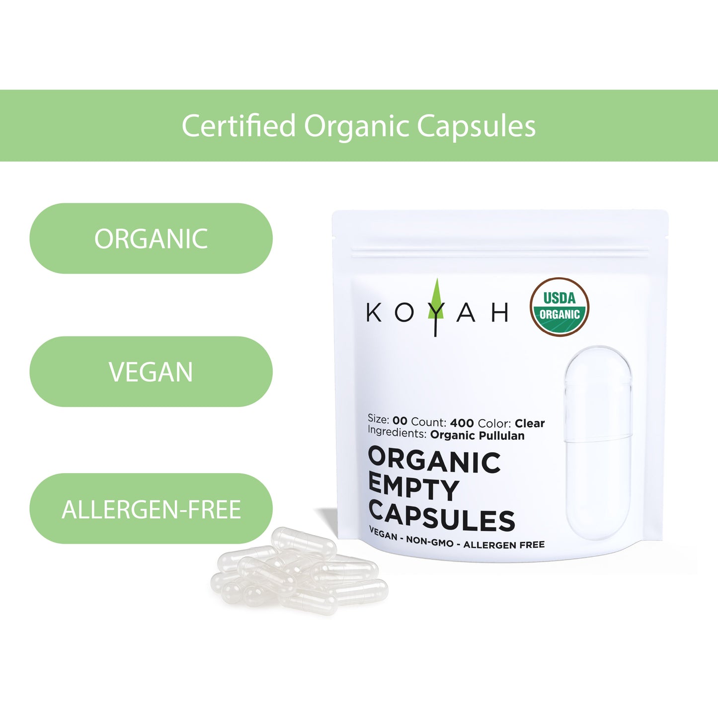 Certified Organic Empty Vegan Capsules: Size 00, 400 Count