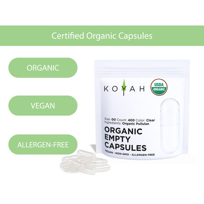Certified Organic Empty Vegan Capsules: Size 00, 400 Count