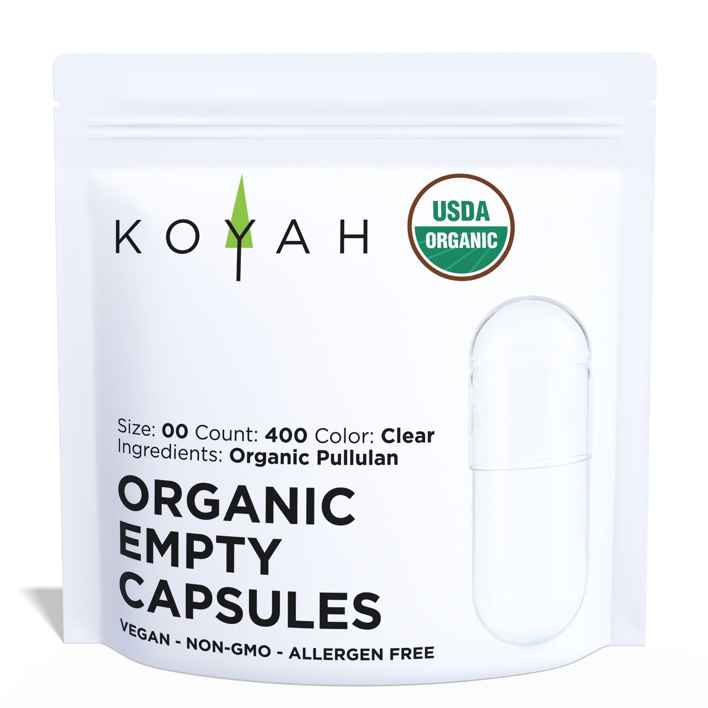 Certified Organic Empty Vegan Capsules: Size 00, 400 Count