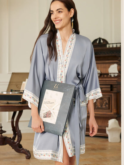 Light Blue Embellished Flower Short Robe with Pockets | Daily Health & Beauty