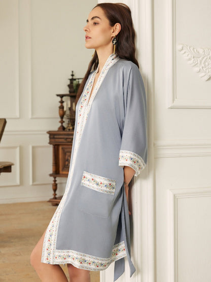 Light Blue Embellished Flower Short Robe with Pockets | Daily Health & Beauty