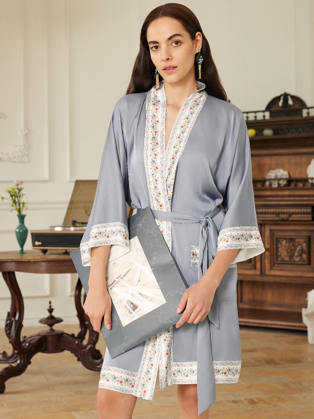 Light Blue Embellished Flower Short Robe with Pockets | Daily Health & Beauty