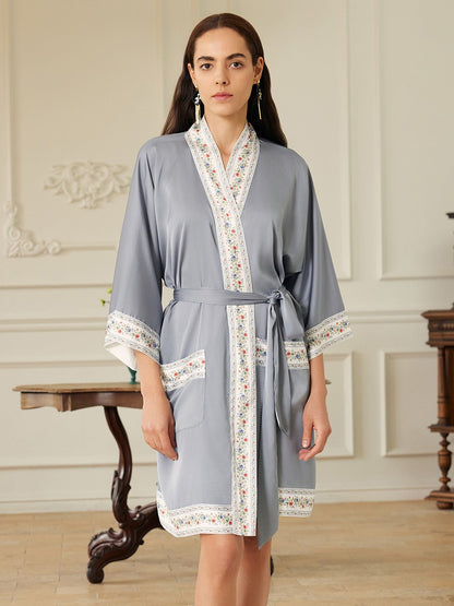 Light Blue Embellished Flower Short Robe with Pockets | Daily Health & Beauty