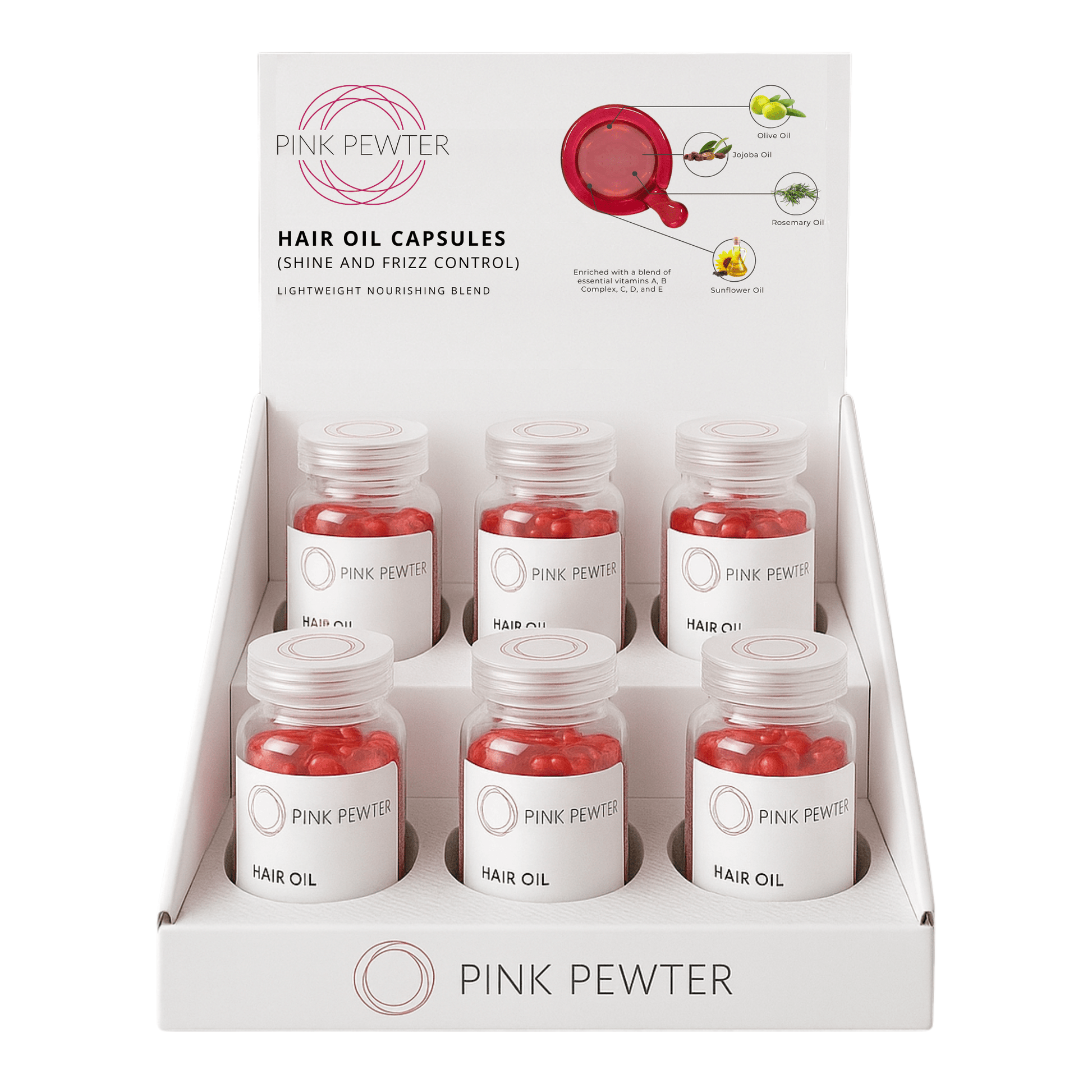 Lightweight Hair Oil Capsules - Nourishing Blend with Olive, Jojoba, Sunflower Seed and Rosemary Oil (Shine and Frizz Control) - 6 Pack with Display | Daily Health & Beauty