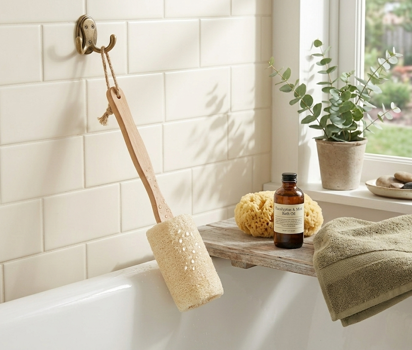 Cepillo de baño de lufa natural con mango largo.