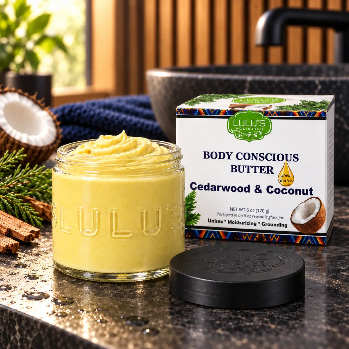 Manteca corporal de cedro y coco para una piel nutrida y sin irritaciones