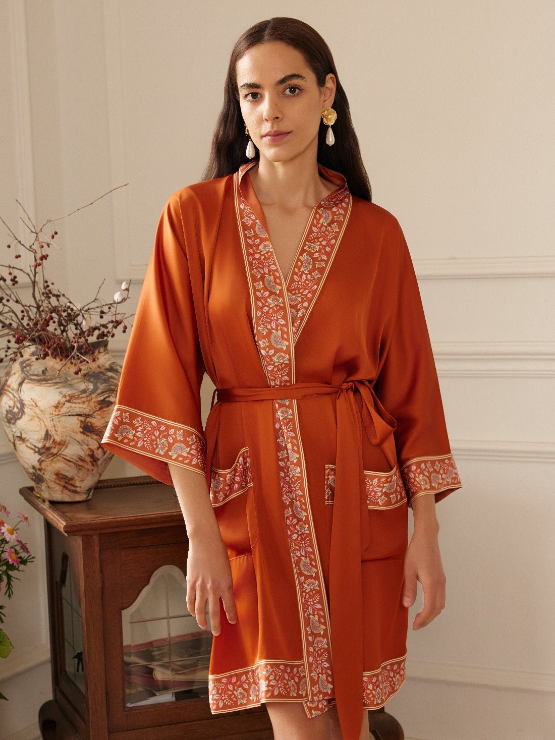 Luxuriously Orange Embellished Flower Short Robe with Pockets | Daily Health & Beauty