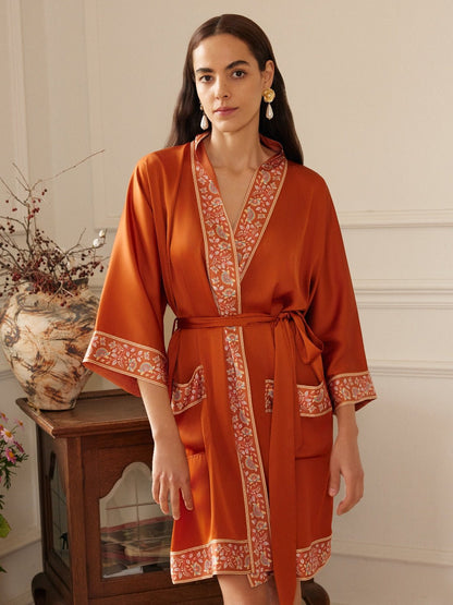 Luxuriously Orange Embellished Flower Short Robe with Pockets | Daily Health & Beauty