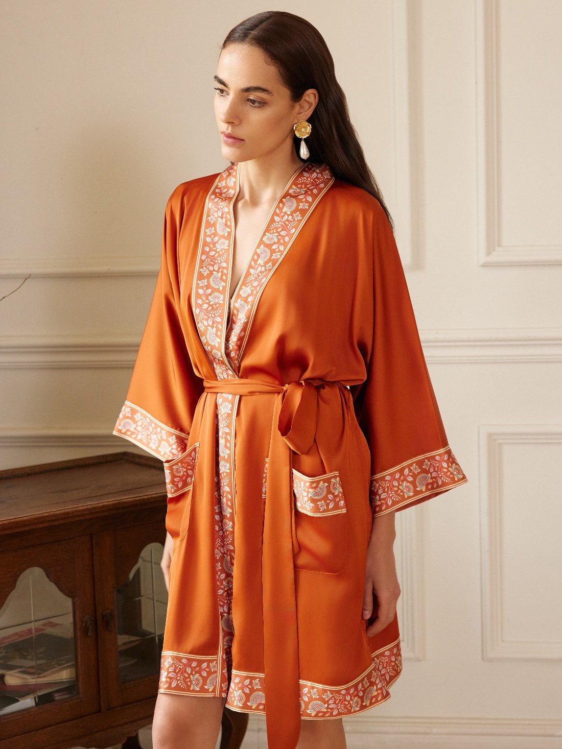 Luxuriously Orange Embellished Flower Short Robe with Pockets | Daily Health & Beauty