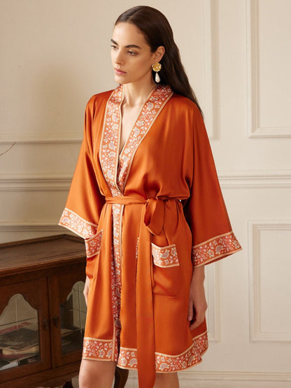 Luxuriously Orange Embellished Flower Short Robe with Pockets | Daily Health & Beauty