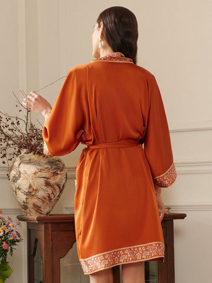 Luxuriously Orange Embellished Flower Short Robe with Pockets | Daily Health & Beauty