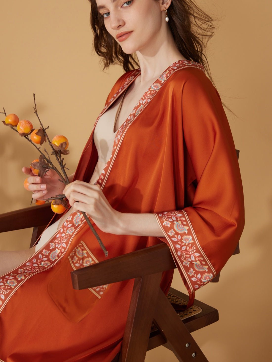 Luxuriously Orange Embellished Flower Short Robe with Pockets | Daily Health & Beauty