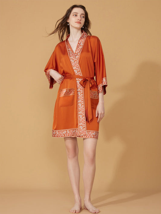 Luxuriously Orange Embellished Flower Short Robe with Pockets | Daily Health & Beauty
