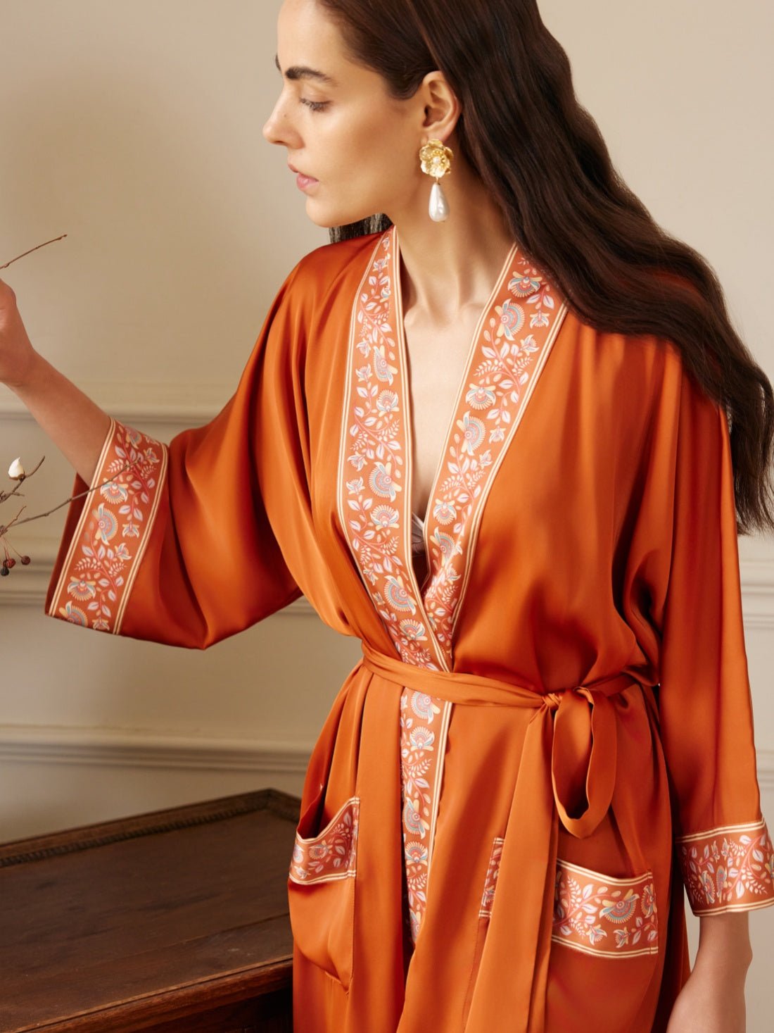 Luxuriously Orange Embellished Flower Short Robe with Pockets | Daily Health & Beauty